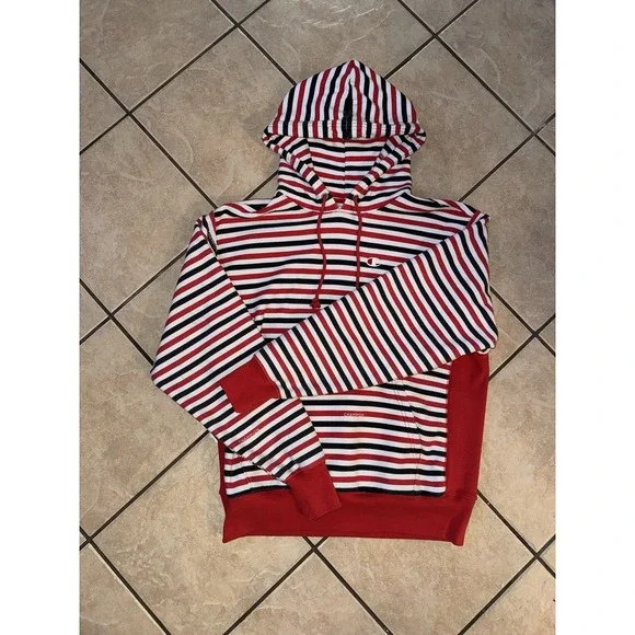 Champion Reverse Weave Hoodie Large Striped Red Black White Pullover Sweatshirt - Picture 1 of 4